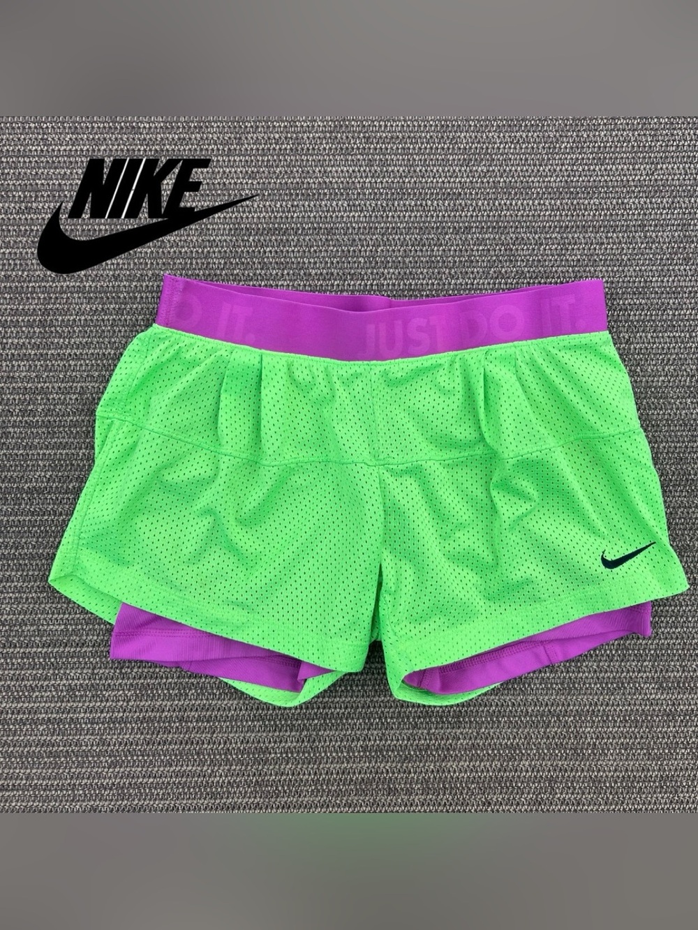 Nike neon green and purple Dri-Fit 2-in-1 running shorts Sz Small